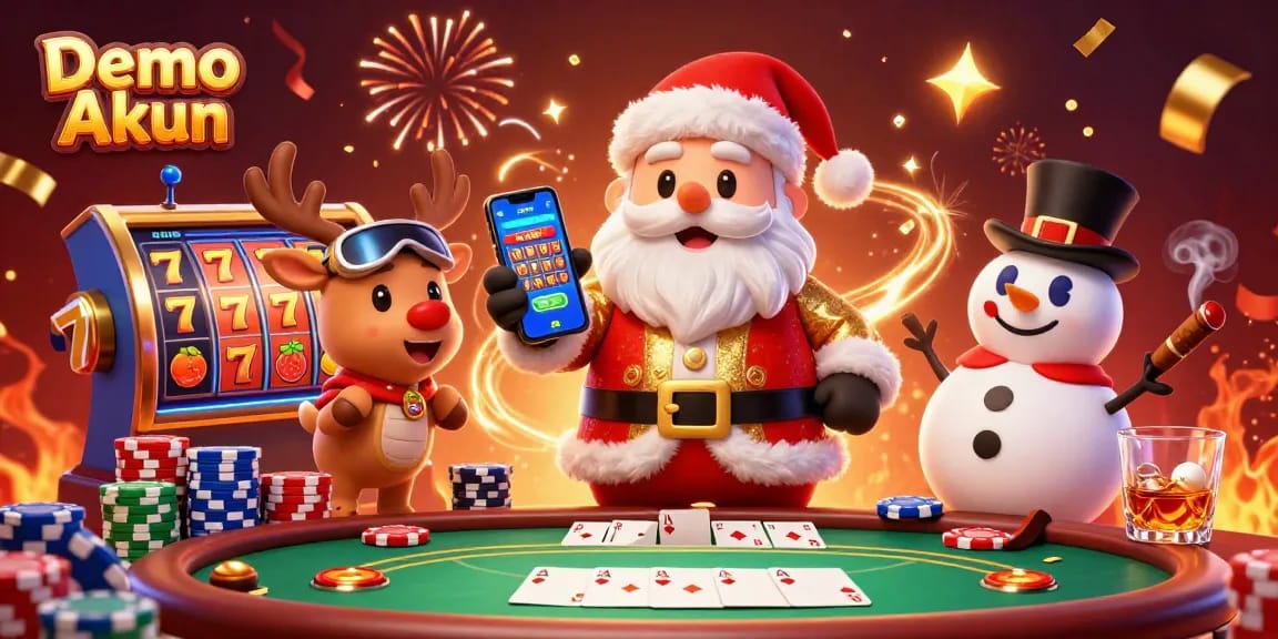 Spin the reels with Demo Akun in a festive casino scene filled with winning symbols and fun characters.