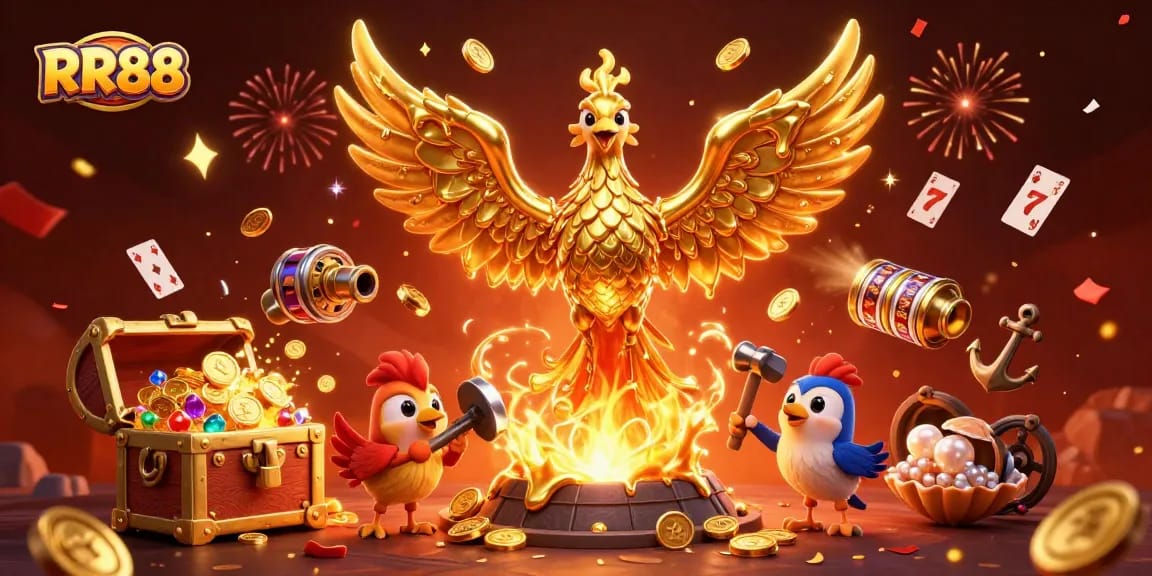Experience exhilarating wins at RR88 with a molten golden phoenix and vibrant casino elements.