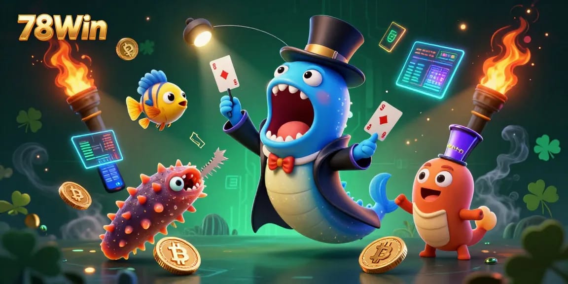 Explore exciting gambling magic as 78Win presents 3D characters engaging in thrilling card tricks under neon crypto lights.