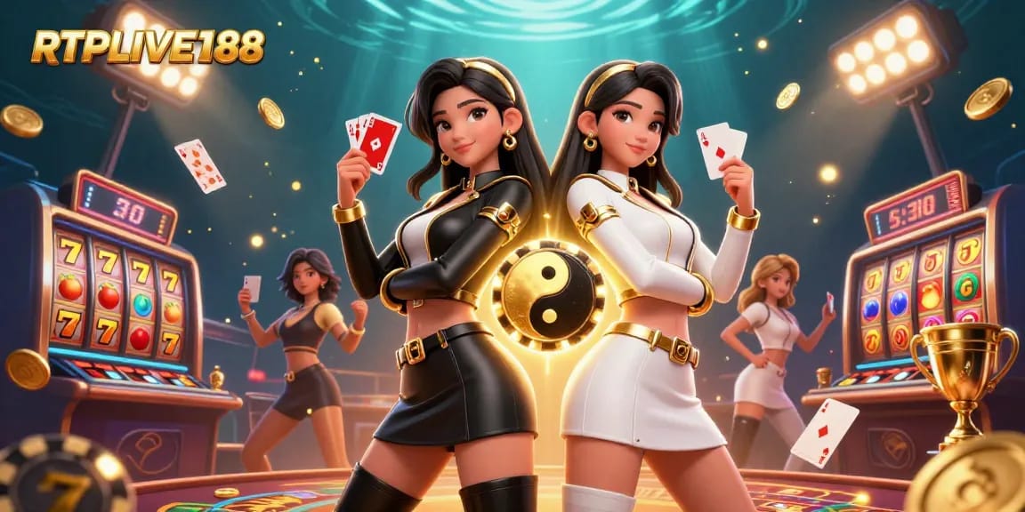 Rasakan kegembiraan menang di RTPLIVE188 dengan visual menakjubkan dua wanita Asia dan elemen kasino yang vibrant.