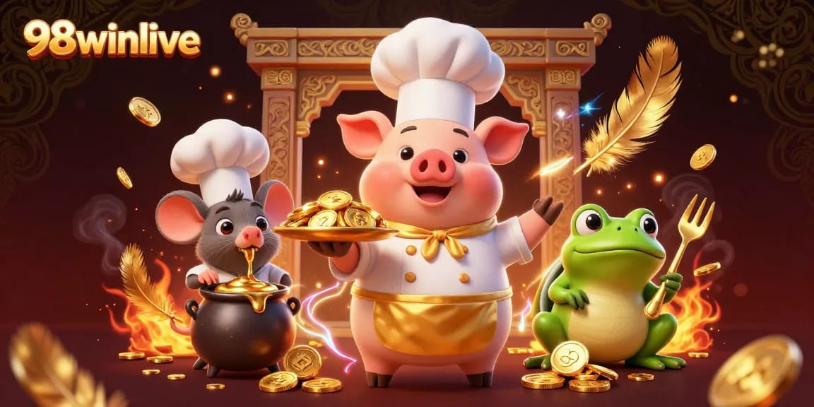 Experience the thrill of 98winlive, where a chef pig serves golden treasures in a vibrant casino scene.