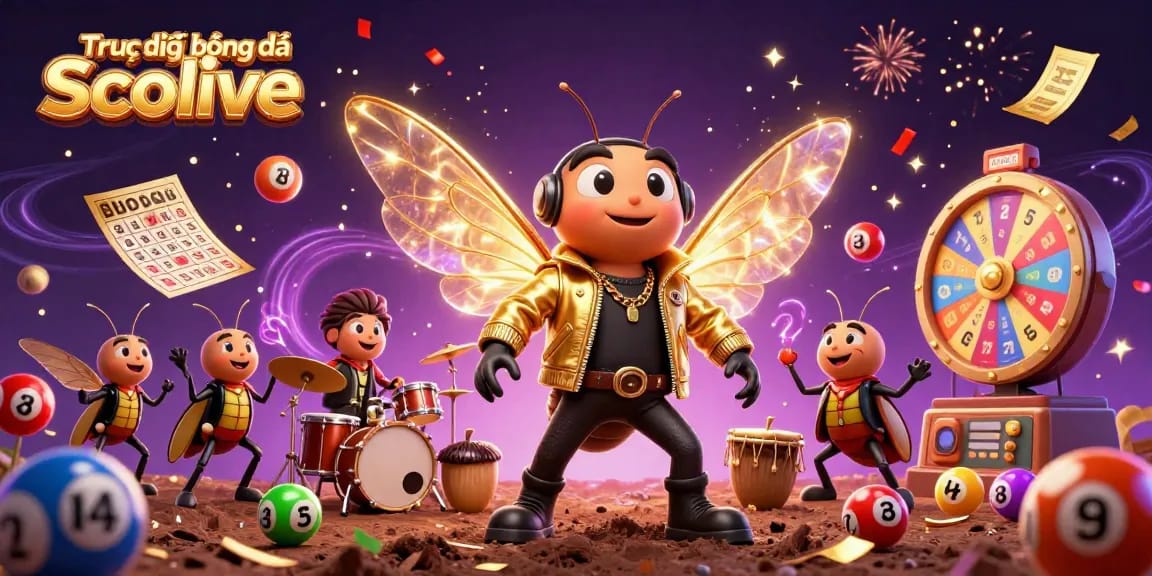 Join the excitement of Trực tiếp bóng đá Socolive with vibrant illustrations of a rock star cicada and dynamic gaming elements.