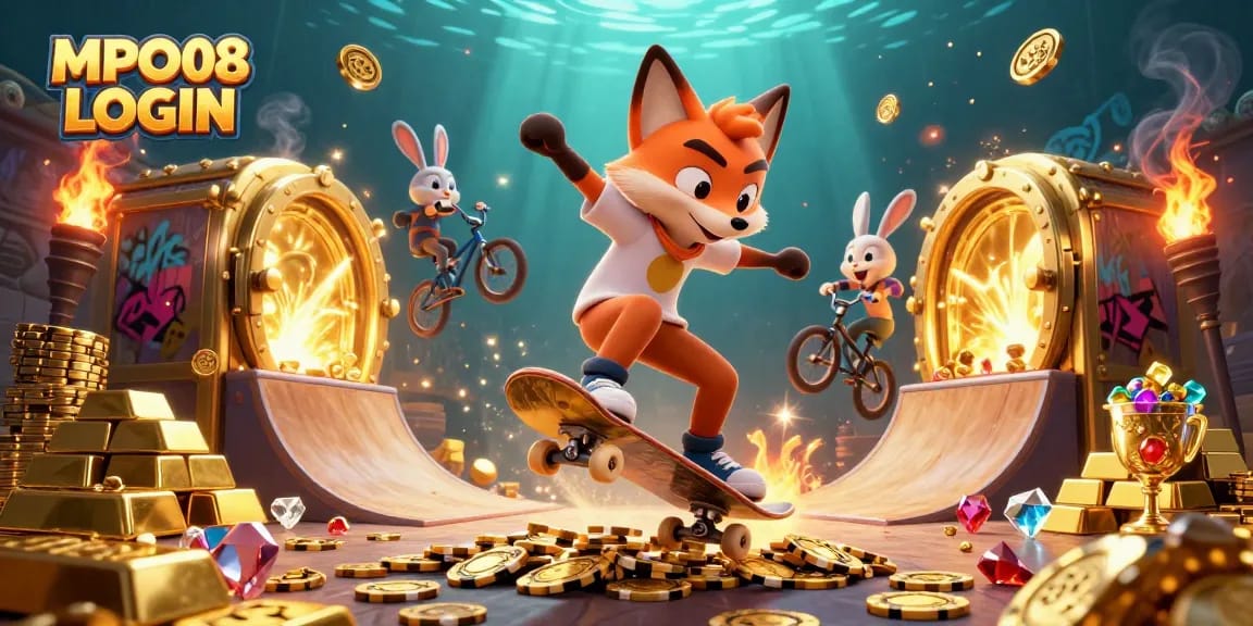 MPO08 LOGIN instant winning chance in a colorful 3D casino scene featuring foxes and treasures.