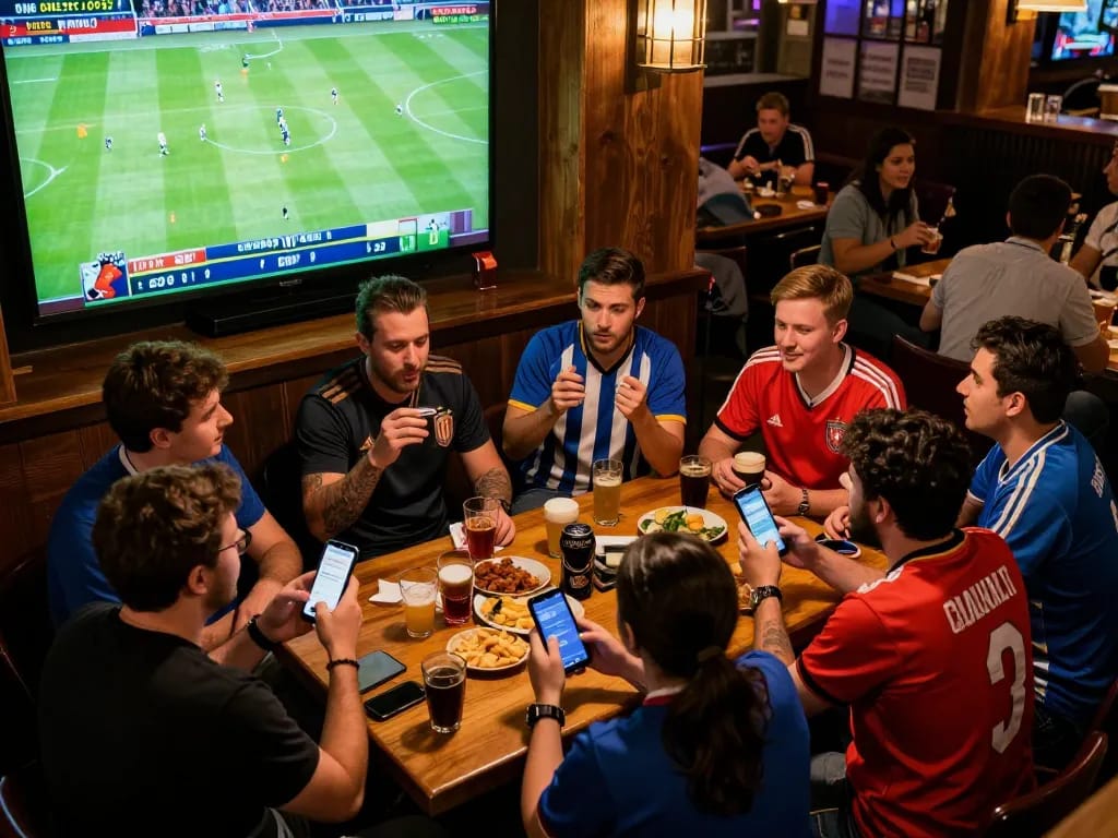 Fans engaged in sports betting, checking odds on smartphones during thrilling live matches on TV nhandinhkeonhacai