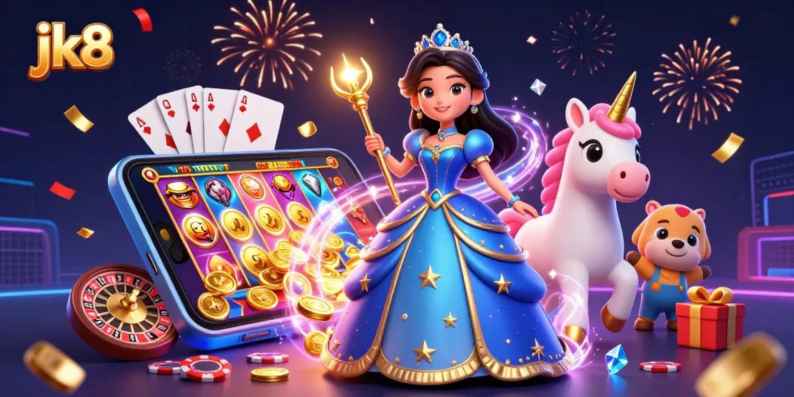 Experience the magic of jk8 as players spin reels, winning big amidst enchanting casino elements and vibrant celebration.