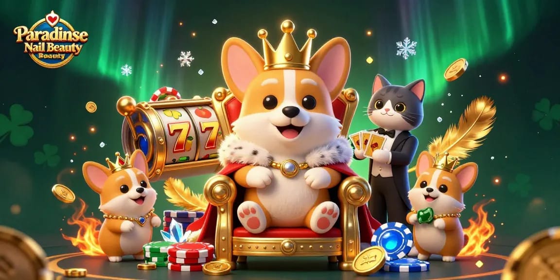 Experience luxury at Paradise Nail Beauty with an elegant 3D gaming throne and royal corgi adorned with symbols of luck.