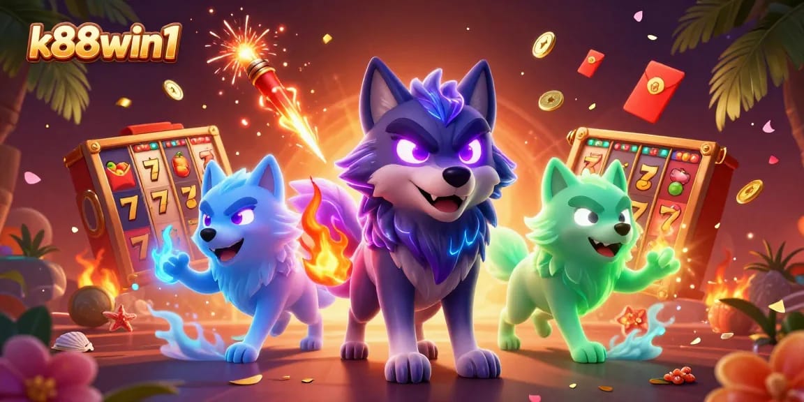 Experience thrilling slot action with k88win1's vibrant casino illustration featuring lucky 7s and jackpot reels.