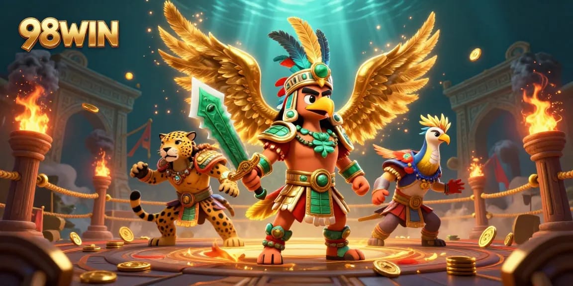 Experience the thrill of 98WIN with a dynamic 3D illustration featuring Aztec warriors and a vibrant gambling arena