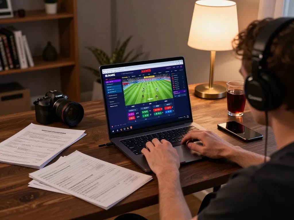 Giocatore che utilizza l'interfaccia del bookmaker non AAMS su un laptop per le scommesse online a casa