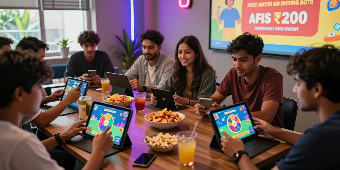 JaiClub players enjoying a competitive environment with smartphones showcasing games and promotional offers.