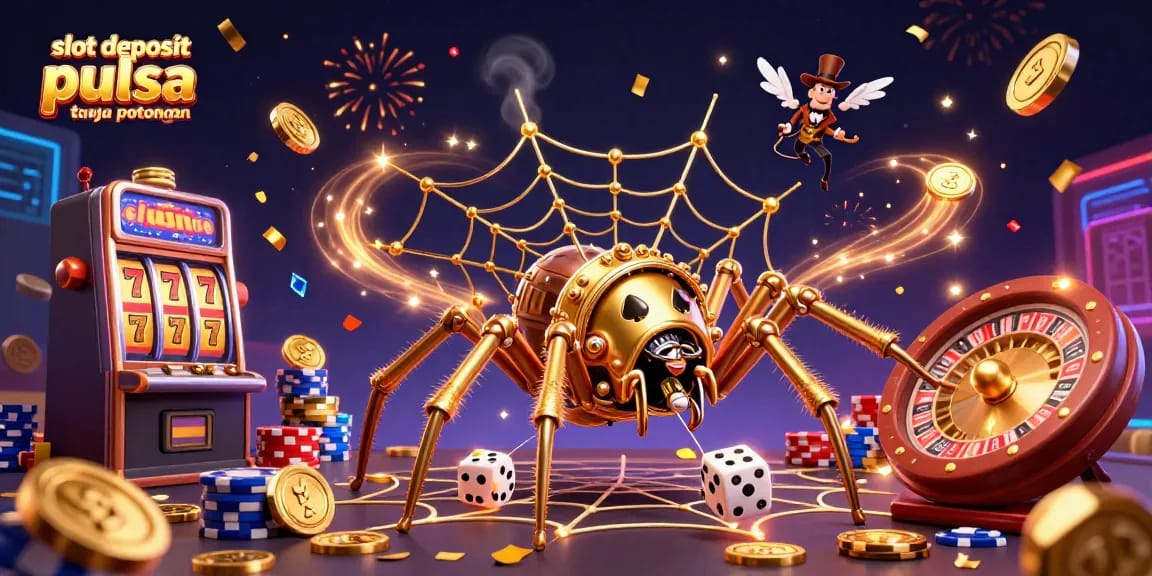 Gambarkan slot deposit pulsa tanpa potongan dengan karakter menarik dan elemen permainan di kasino.
