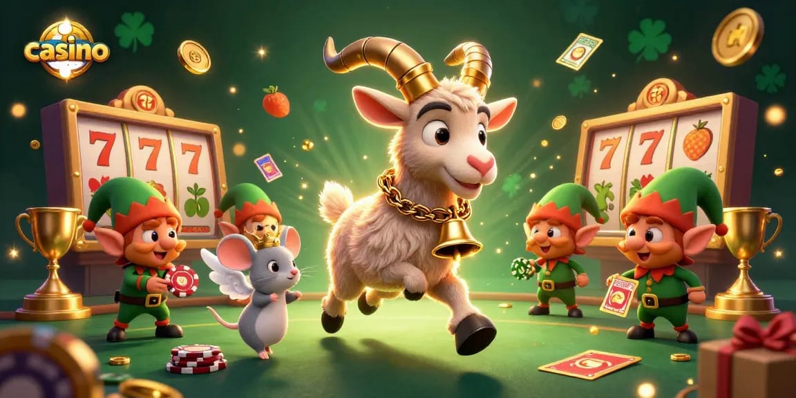 Engage with the thrilling casino scene featuring a Krampus goat in chains managing chaos with elf gremlins.