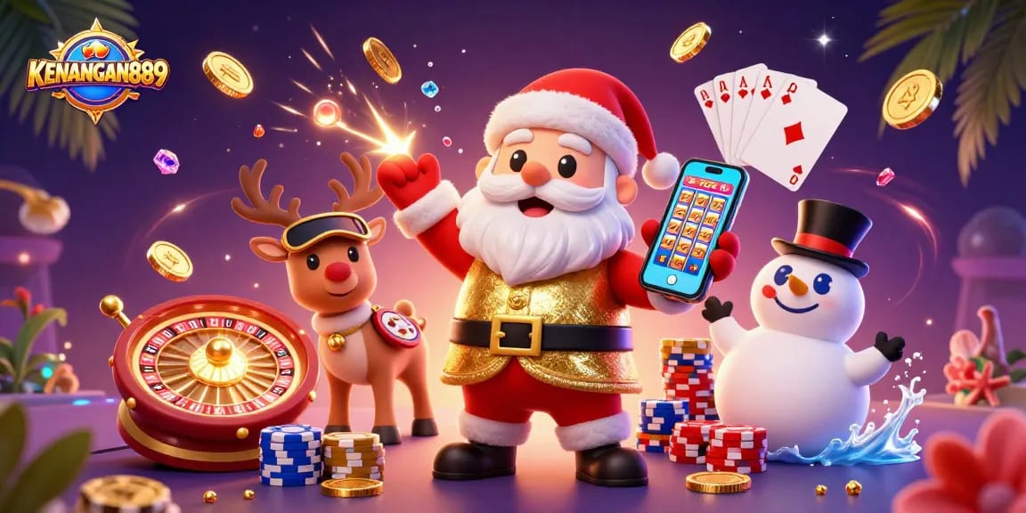 KENANGAN889 showcases fun gaming adventure with a 3D Santa, reindeer dealer, and snowman in a vibrant casino
