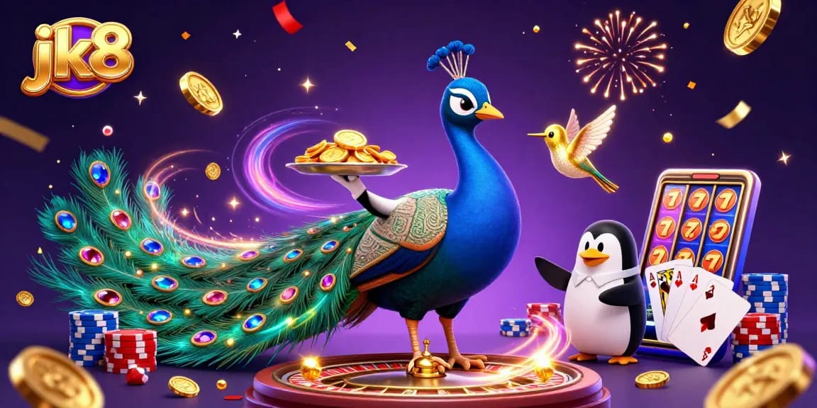 Experience thrilling jk8 gambling action with vibrant peacock, golden chips, and sparkling casino elements.