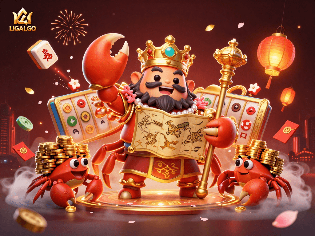 LIGALGO showcases a vibrant scene with a golden crab emperor, engaging slot reels, and festive decorations.