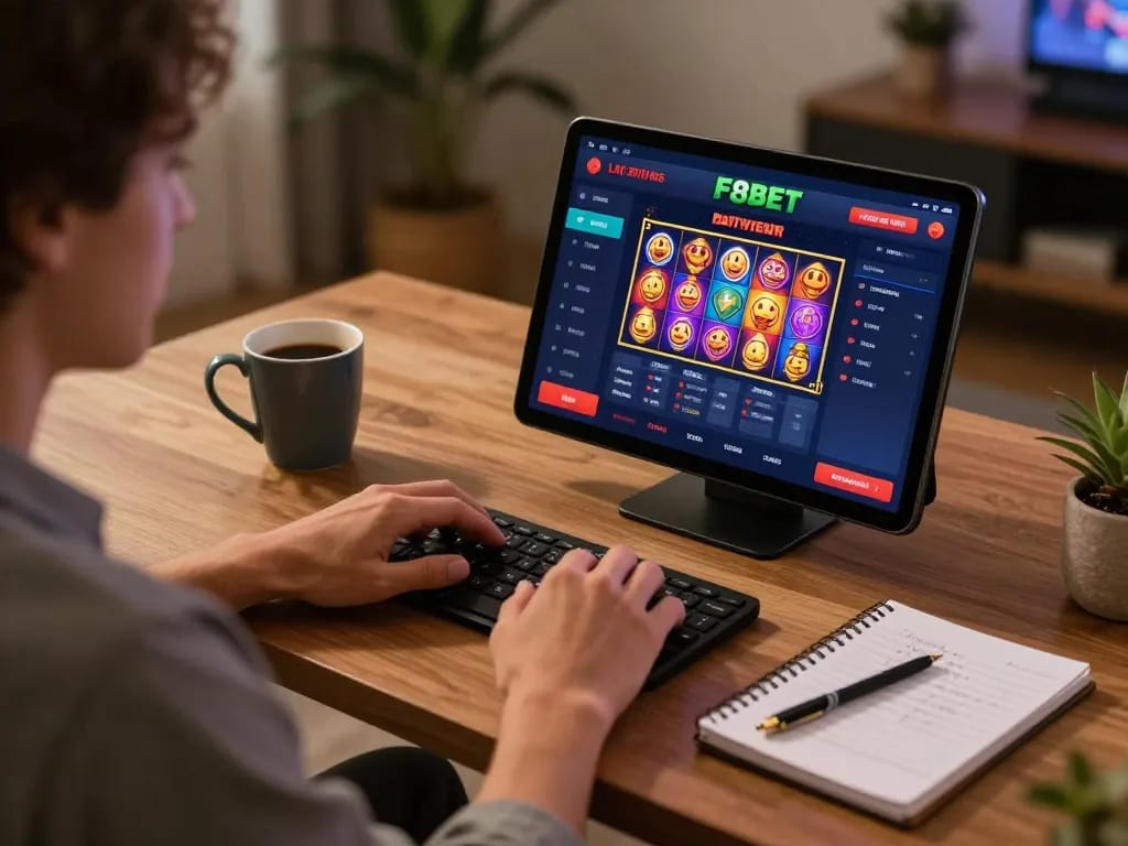 Player engaging with F8BET online casino on tablet, showcasing dynamic gaming options in a cozy home office.