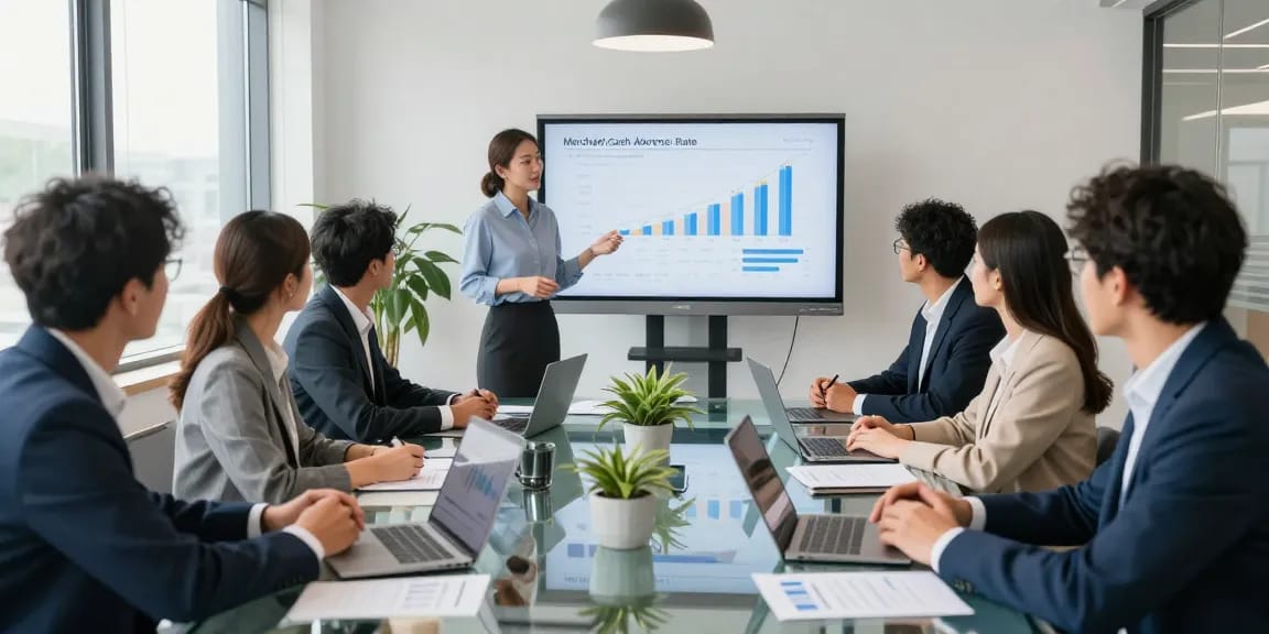 Team discussing merchant cash advance rates in a modern office setting, with data charts and laptops.