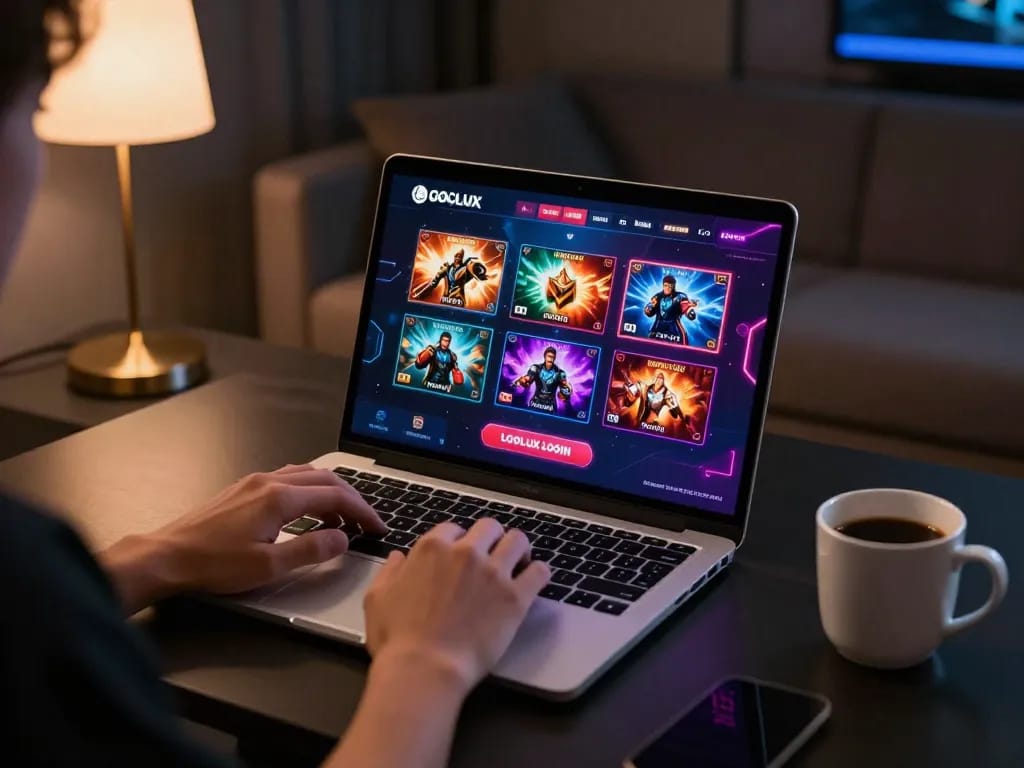Engaging in LGOLUX LOGIN on a laptop in a stylish home setting, showcasing vibrant casino games.