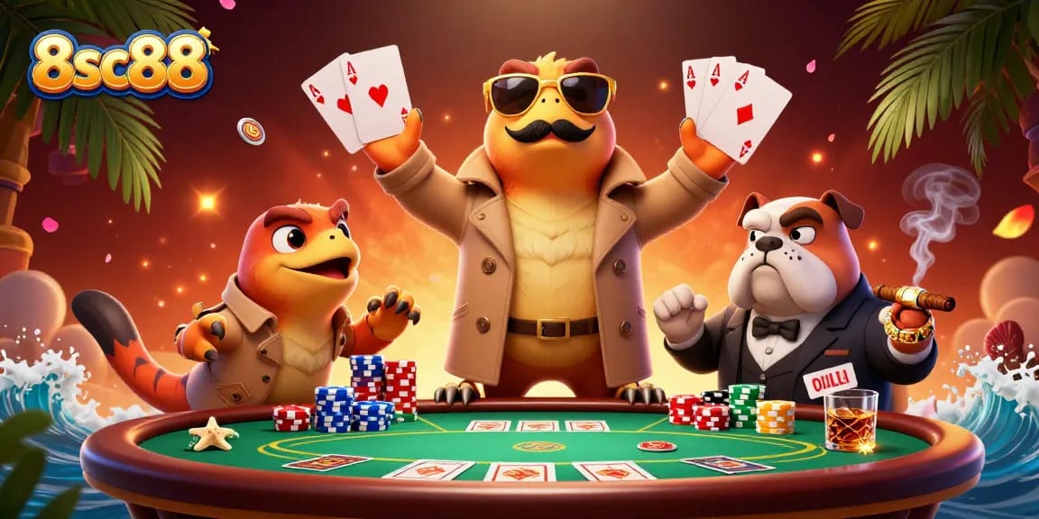 Join the fun at 8sc88 as raptors sneak into a VIP casino lounge amid poker chaos.