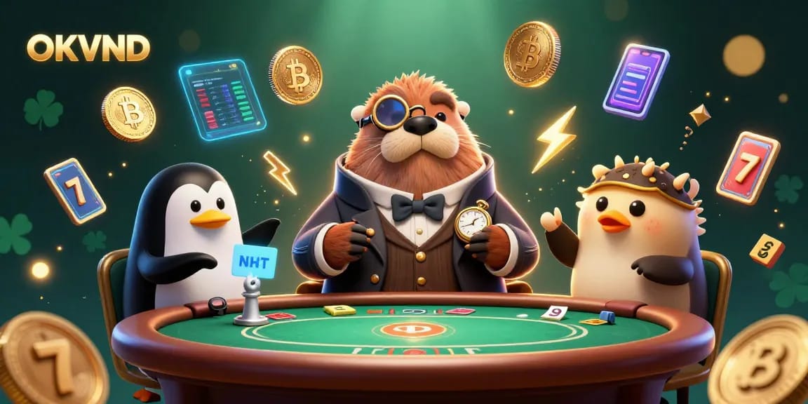 Engage with OKVND at an underwater poker table featuring a walrus, penguin dealer, and pufferfish player.