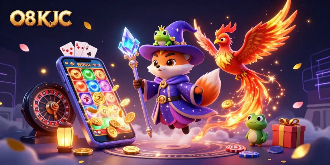 Engage in thrilling gameplay with O8 KJC, featuring a mystical fox wizard and casino elements.