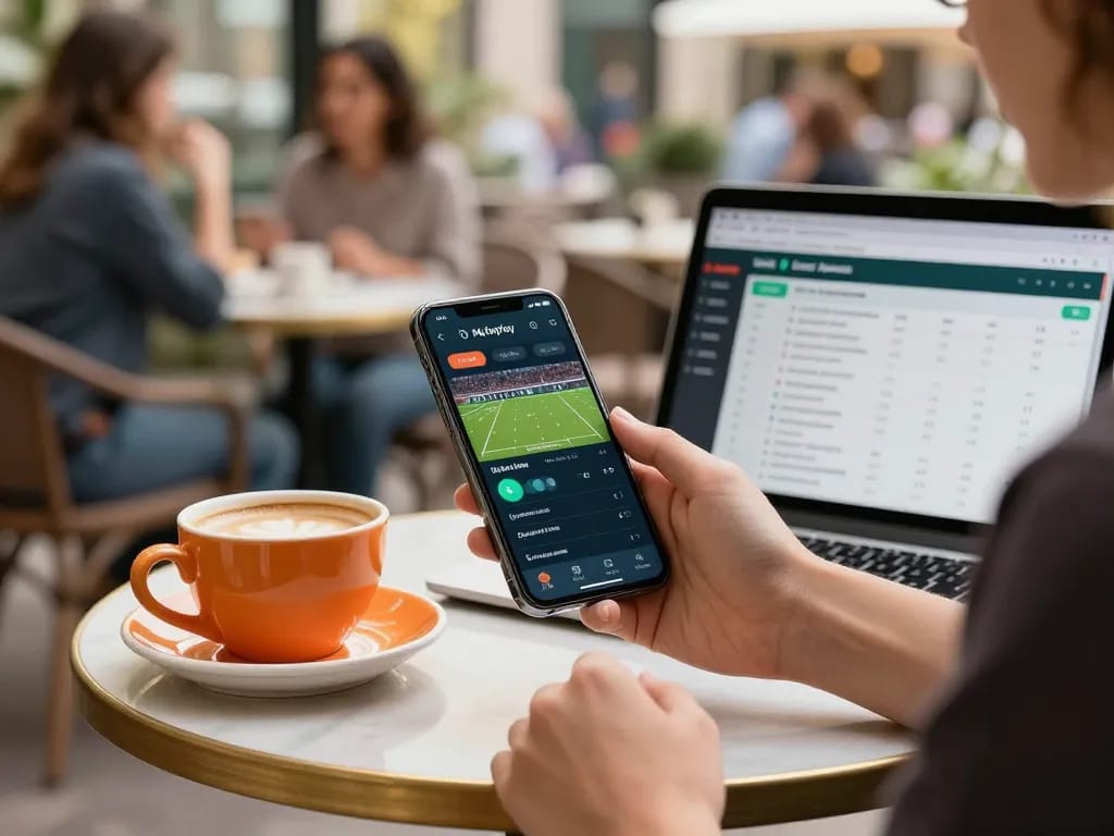 Using the Myfairplay app for live betting in a café, surrounded by lively atmosphere.