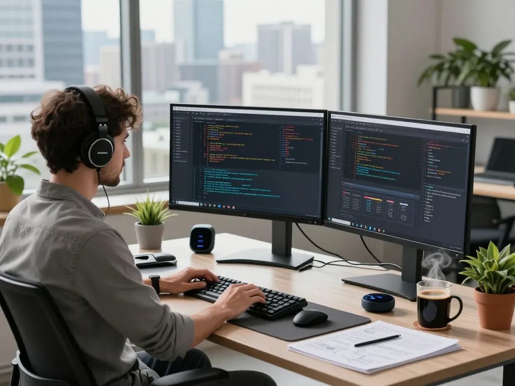 快连 software engineer coding in a modern workspace, showcasing connectivity and productivity.
