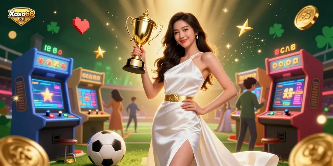 Xoso66 bet showcases a confident woman winning at sports betting amid a vibrant arcade scene.