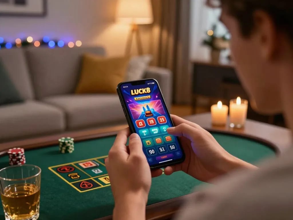 Người chơi LUCK8 đặt cược chiến lược trên một trò chơi dealer trực tiếp qua smartphone tại nhà thoải mái.