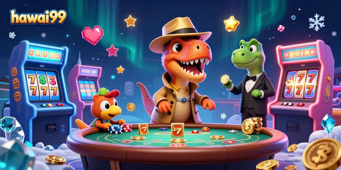 Experience the vibrant gaming scene of hawai99 with unique characters and dynamic casino elements.