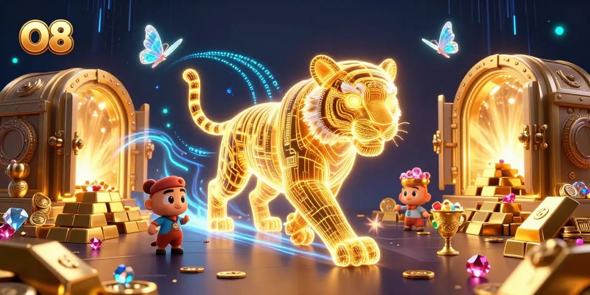 Experience O8's vibrant casino atmosphere with golden tiger and treasures lighting up the scene.