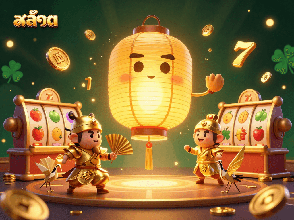 Experience thrilling สล็อต spins with a glowing golden lantern spirit flanked by lucky symbols.