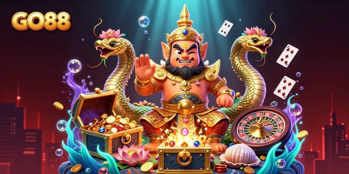 Experience the thrill of GO88 with a vivid illustration of a guardian character amidst gambling elements and excitement.