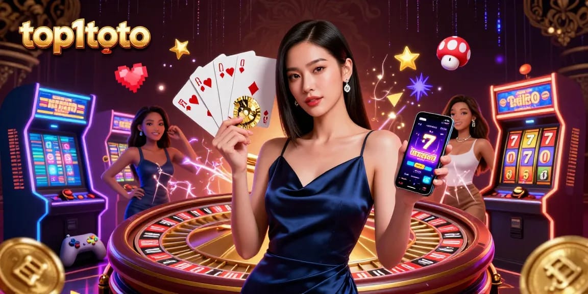 Experience excitement with top1toto as the stunning Asian woman engages in casino action, holding a golden chip and smartphone.