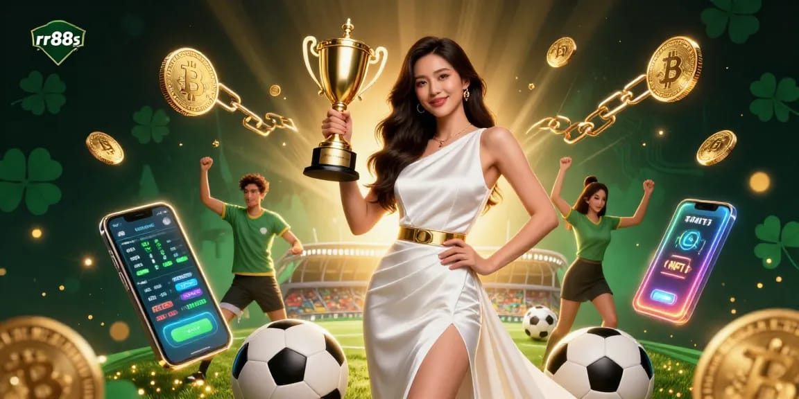 Win big with rr88s online casino, featuring a confident woman holding a trophy amidst sports betting elements and crypto coins.