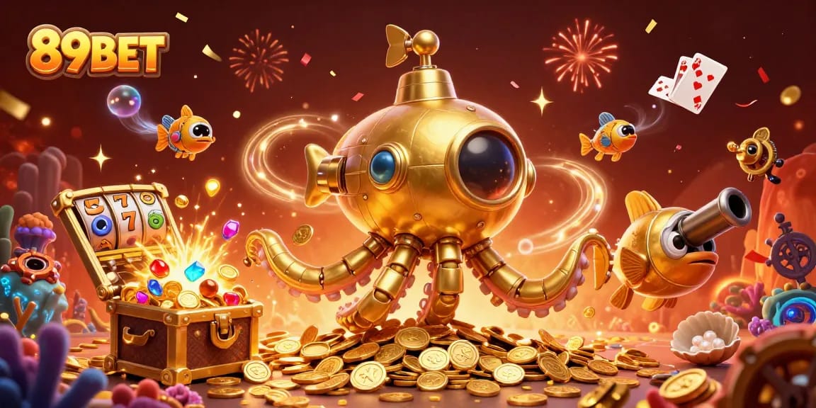 Engage with 89BET's exciting slot games in a golden underwater treasure scene featuring a kraken.