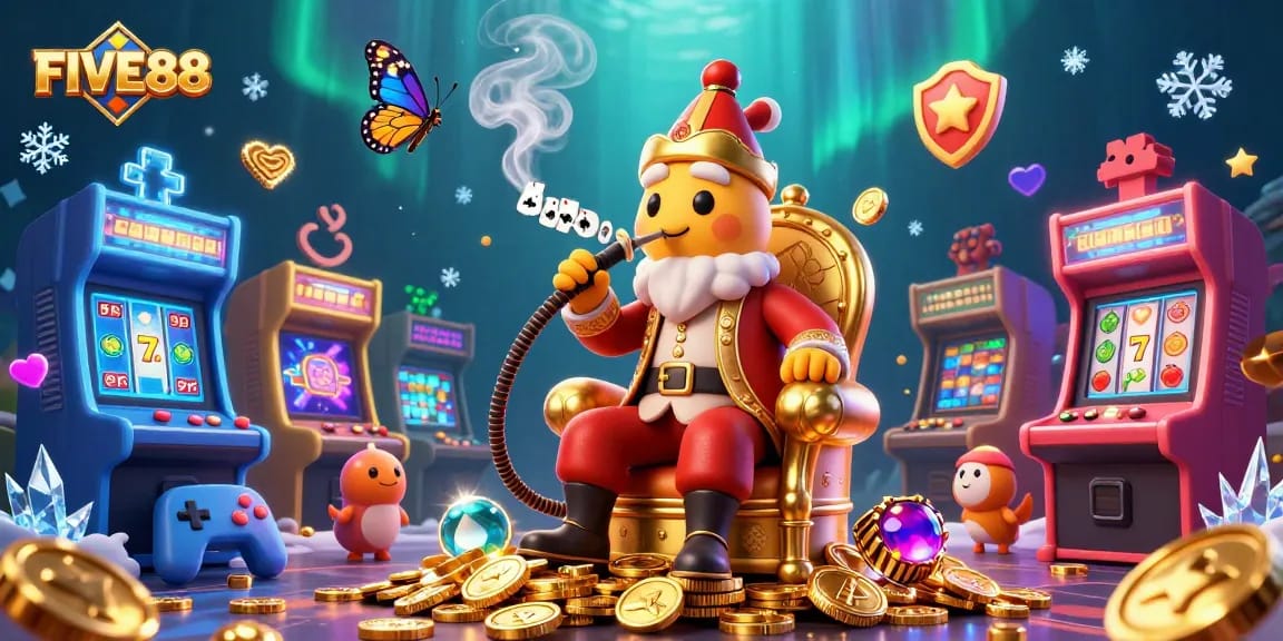 Experience the vibrant world of FIVE88 with a magical 3D casino scene filled with lucky symbols and treasures.