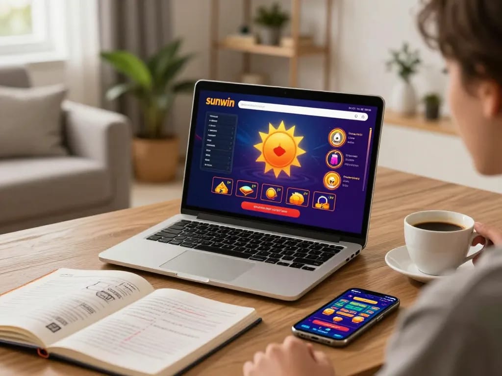 Engaging online gaming scene showcasing sunwin's casino interface on a laptop, highlighting strategy notes and a cozy atmosphere