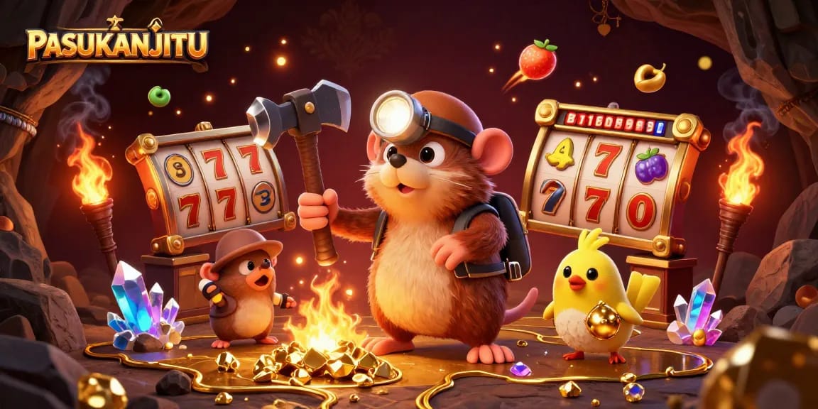 PASUKANJITU showcases an exciting 3D treasure hunt scene with a treasure hunter mole amid slot game symbols and glowing gems.