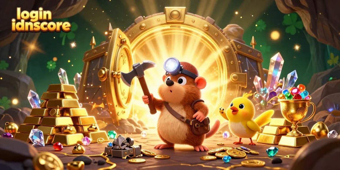 Join the excitement with login idnscore as the treasure hunter mines for gems in a vibrant casino-themed adventure.