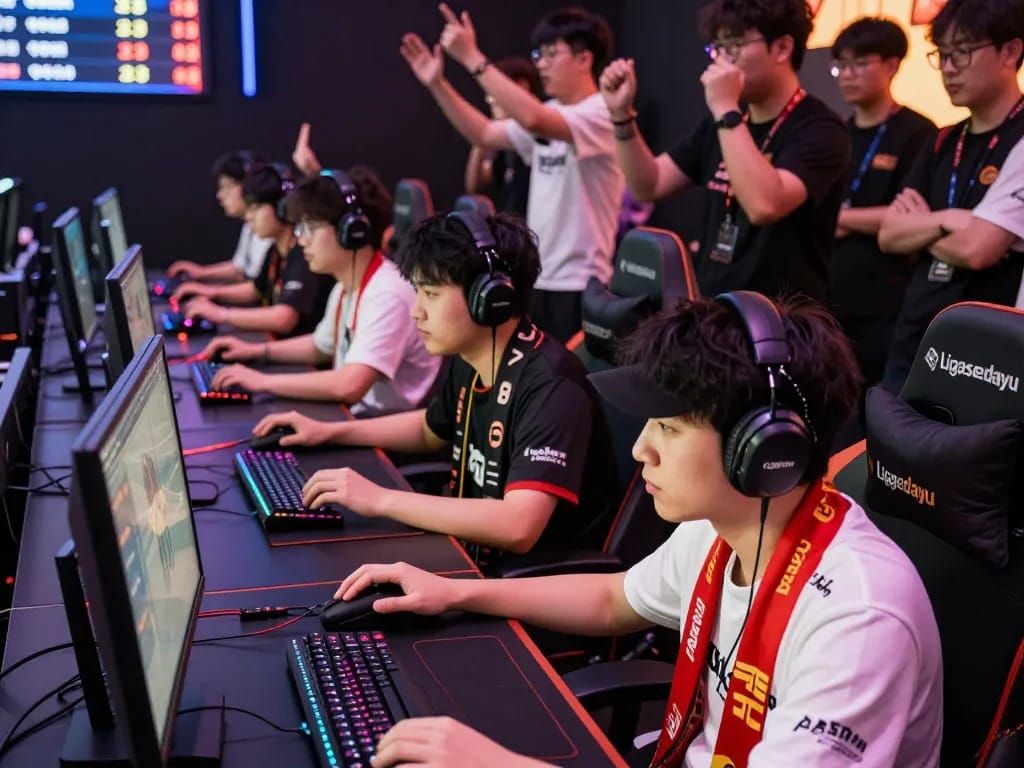 Competitive gamers in ligasedayu merchandise enjoying a vibrant esports tournament atmosphere.
