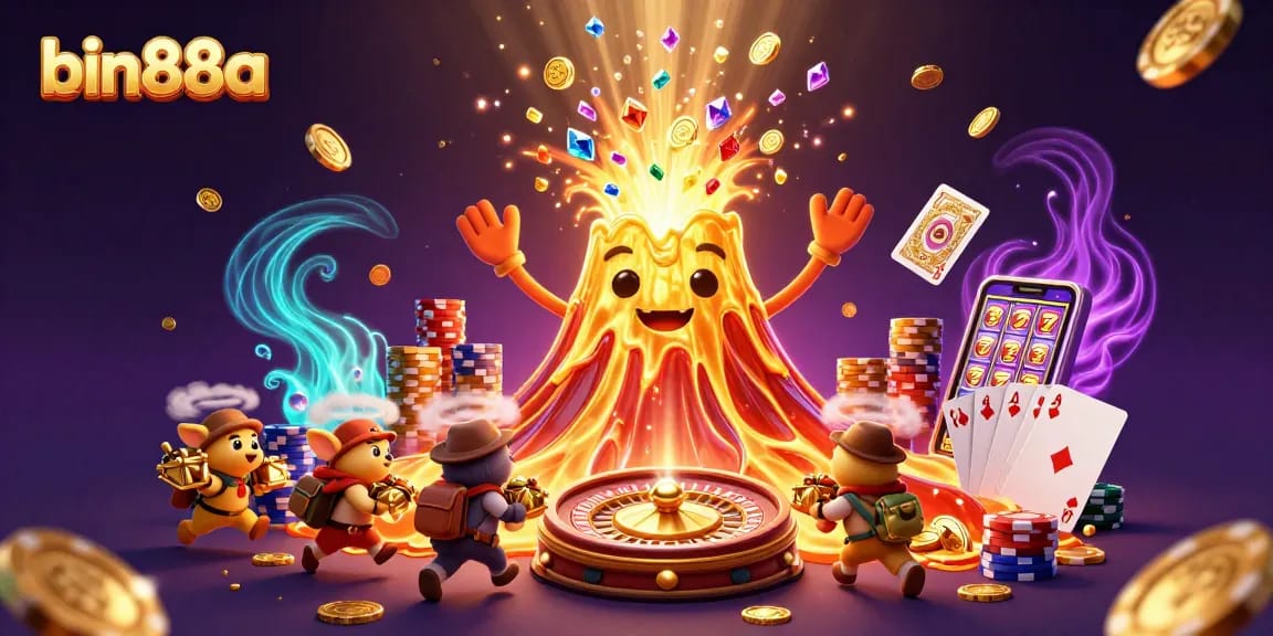 Engage with bin88a's casino thrill featuring a golden volcano erupting coins and treasure-filled adventure.