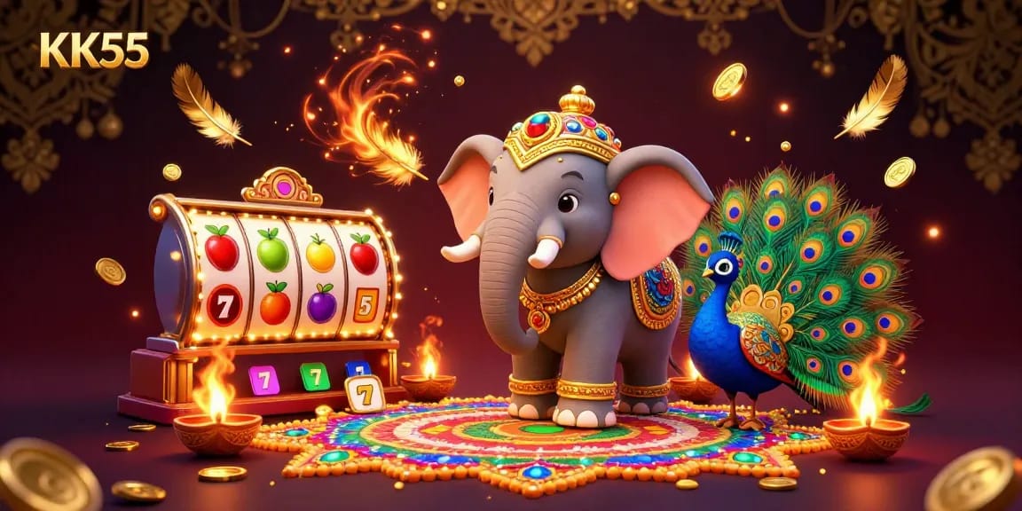 Experience the excitement of KK55 with vibrant casino games, golden decorations, and dynamic elements in a 3D illustration.