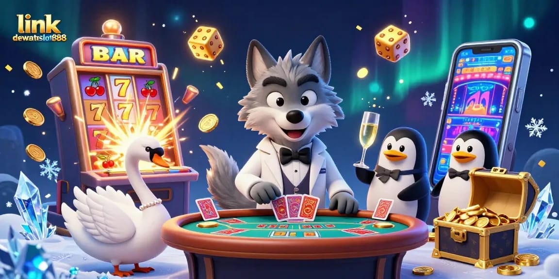 Permainan menarik di link dewataslot888 dengan karakter unik di meja baccarat dan mesin slot.