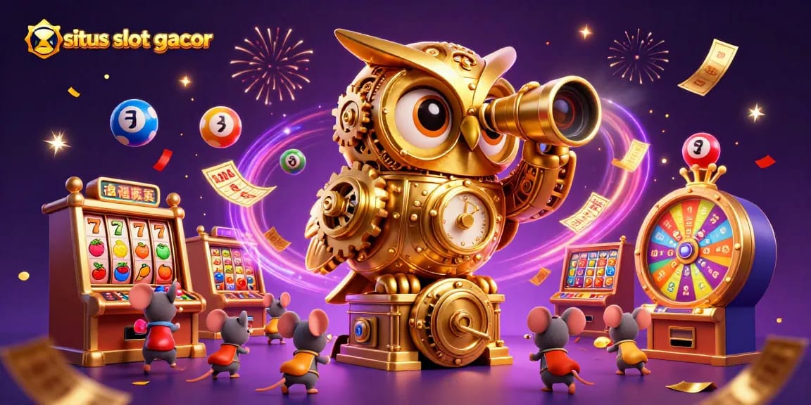 Engage in situs slot gacor with a stunning scene of an owl and mouse at a bustling casino.