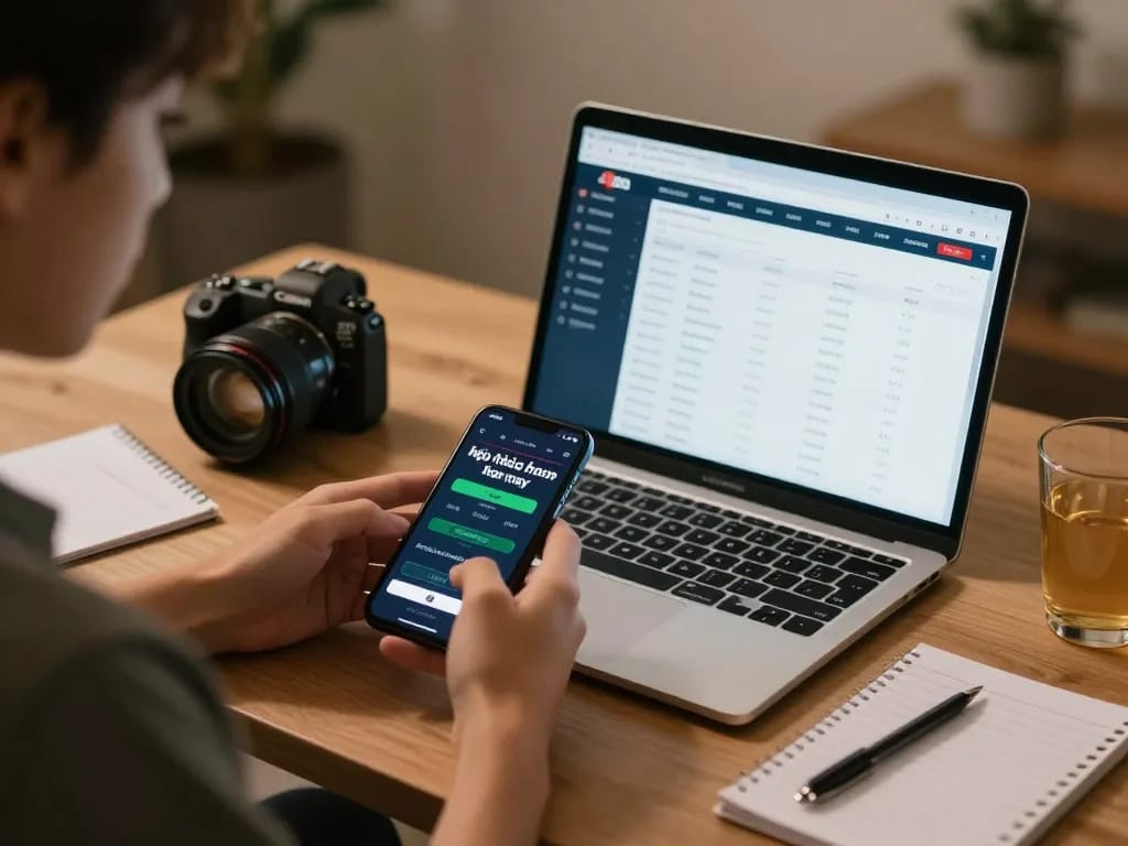 Betting on kèo nhà cái hôm nay with smartphone in a modern home office environment