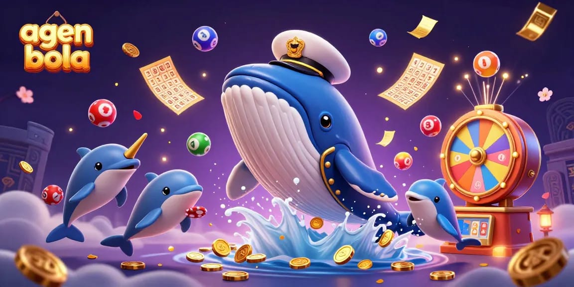Engage in thrilling agen bola experiences with a vibrant 3D illustration of a whale and poker action.