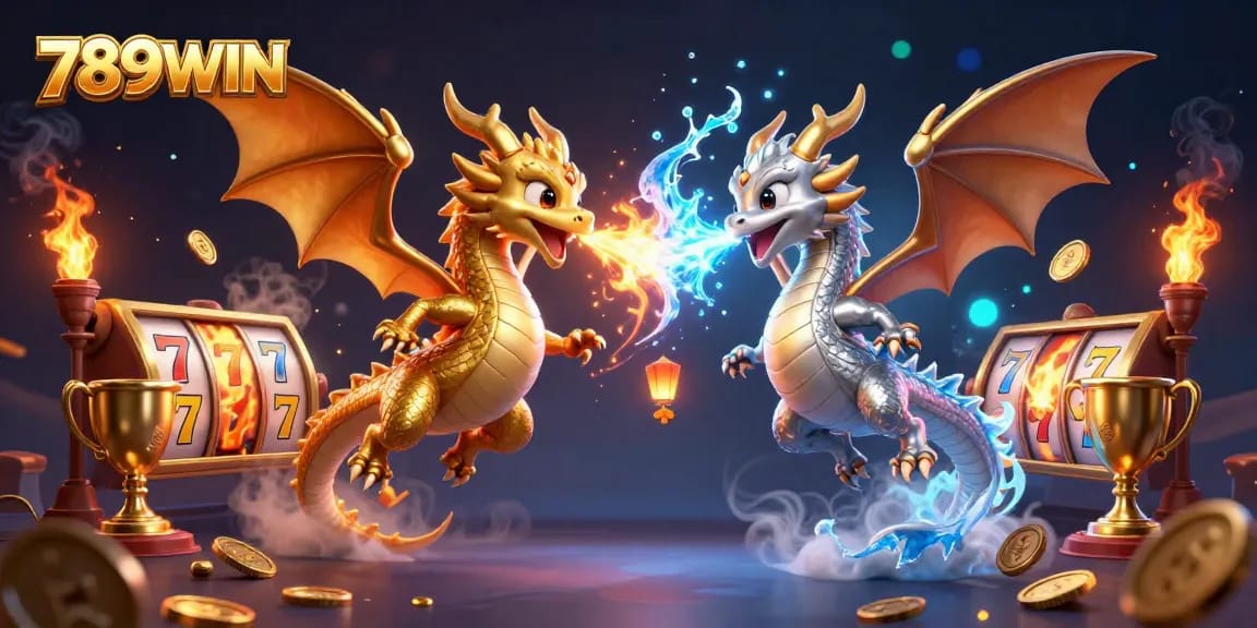 789WIN showcases a vibrant 3D illustration of twin dragons amid casino elements, highlighting dynamic jackpots.
