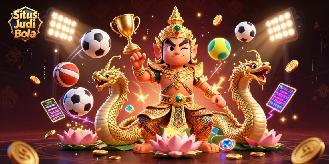 Situs Judi Bola showcases thrilling sports betting excitement with dynamic 3D guardians and game elements.