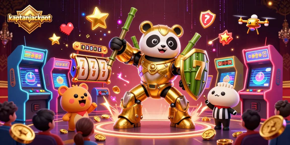 Engage in the kaptenjackpot excitement with a golden panda in a mech-suit amid vivid casino elements.